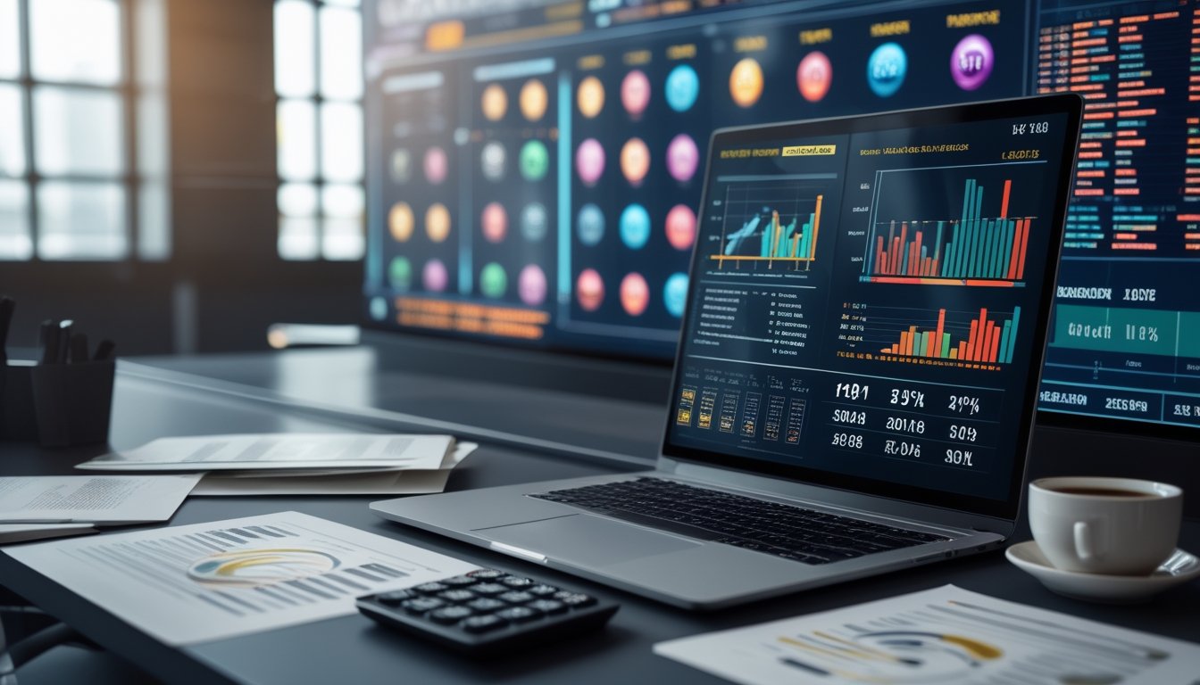 Meja kerja modern dengan laptop, dokumen keuangan, dan layar digital menampilkan ikon slot dan data statistik.