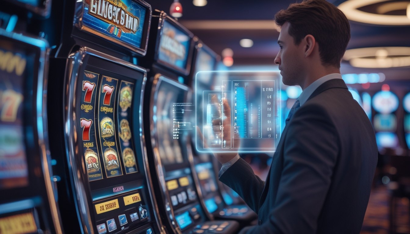Seorang profesional sedang menganalisis data RTP pada mesin slot di dalam kasino modern.