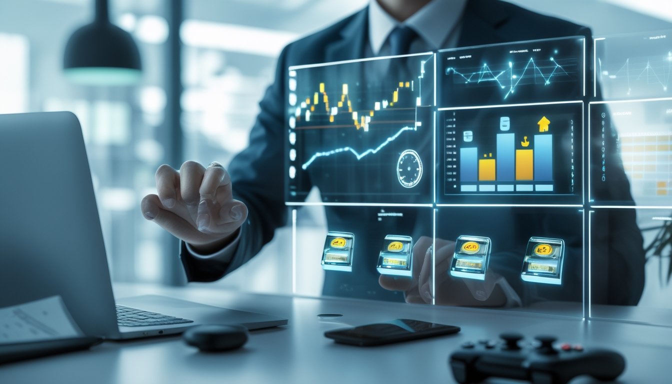 Seorang profesional sedang menganalisis data di layar digital dalam kantor modern yang terang dan rapi.