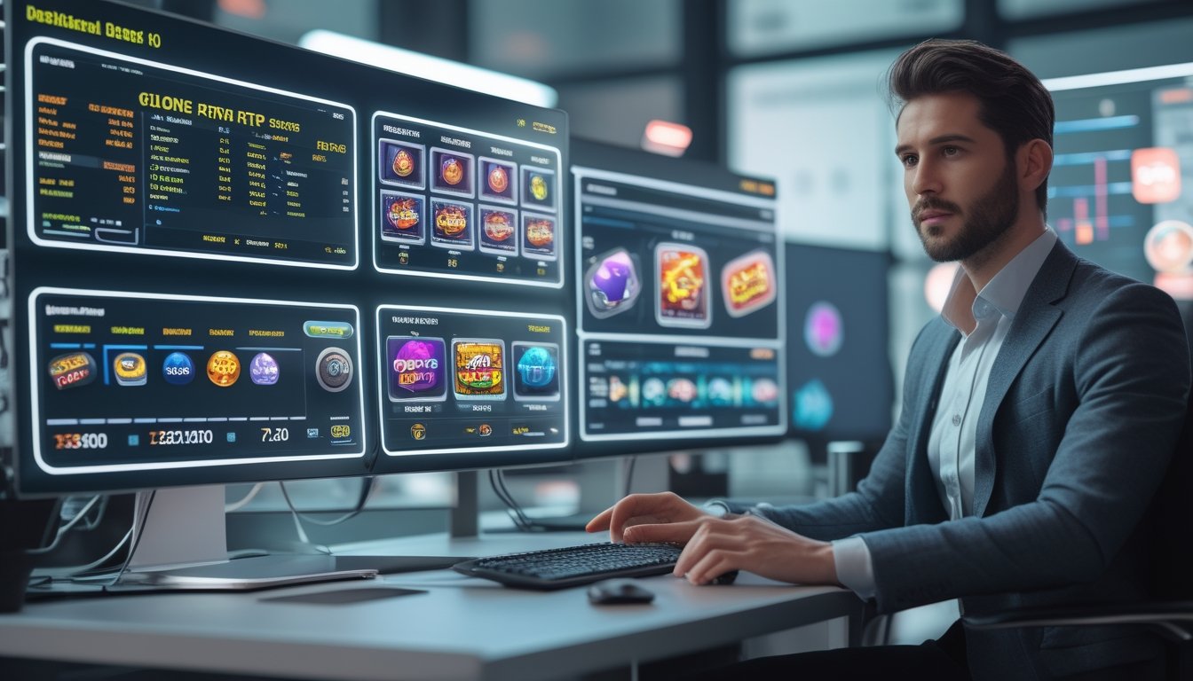 Seorang profesional sedang menganalisis data permainan slot digital di depan beberapa layar komputer di ruang kantor modern.