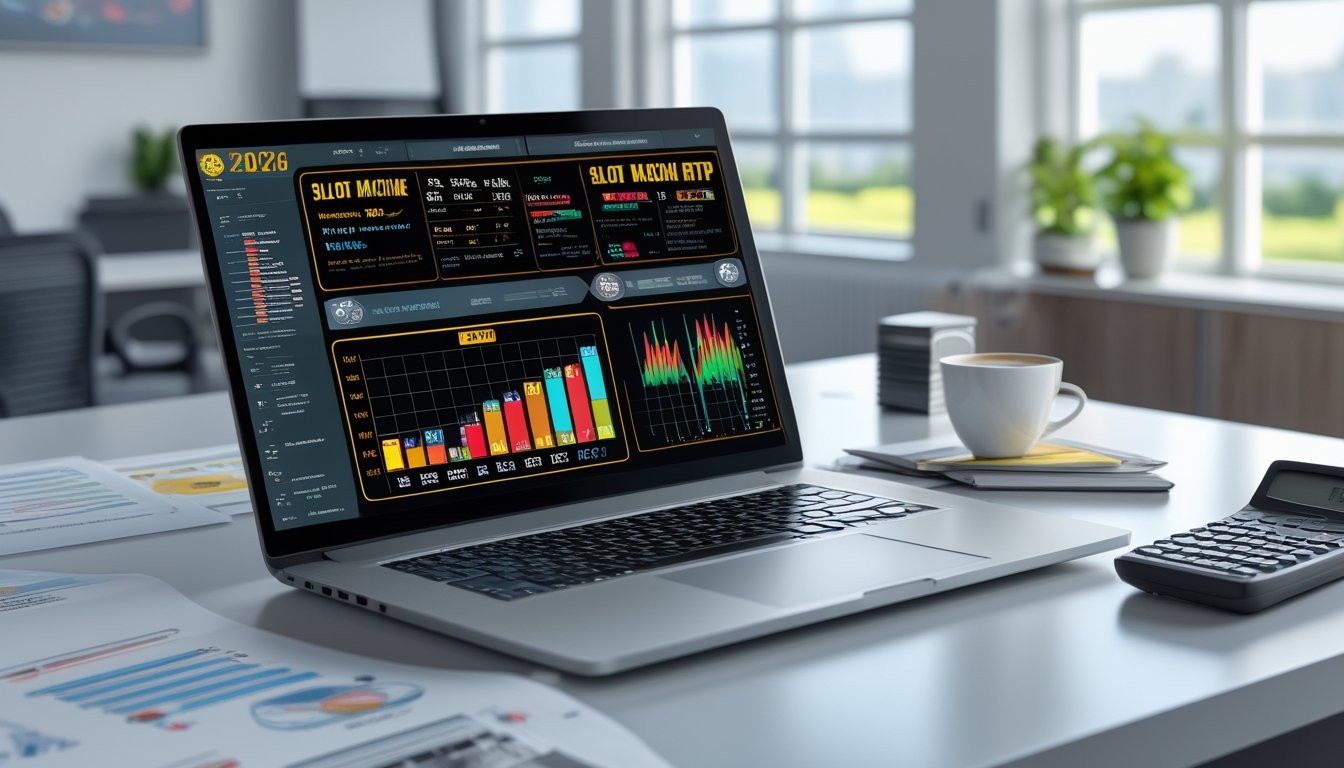 Seorang profesional sedang menganalisis data probabilitas kemenangan slot di depan laptop di sebuah meja kerja yang rapi.