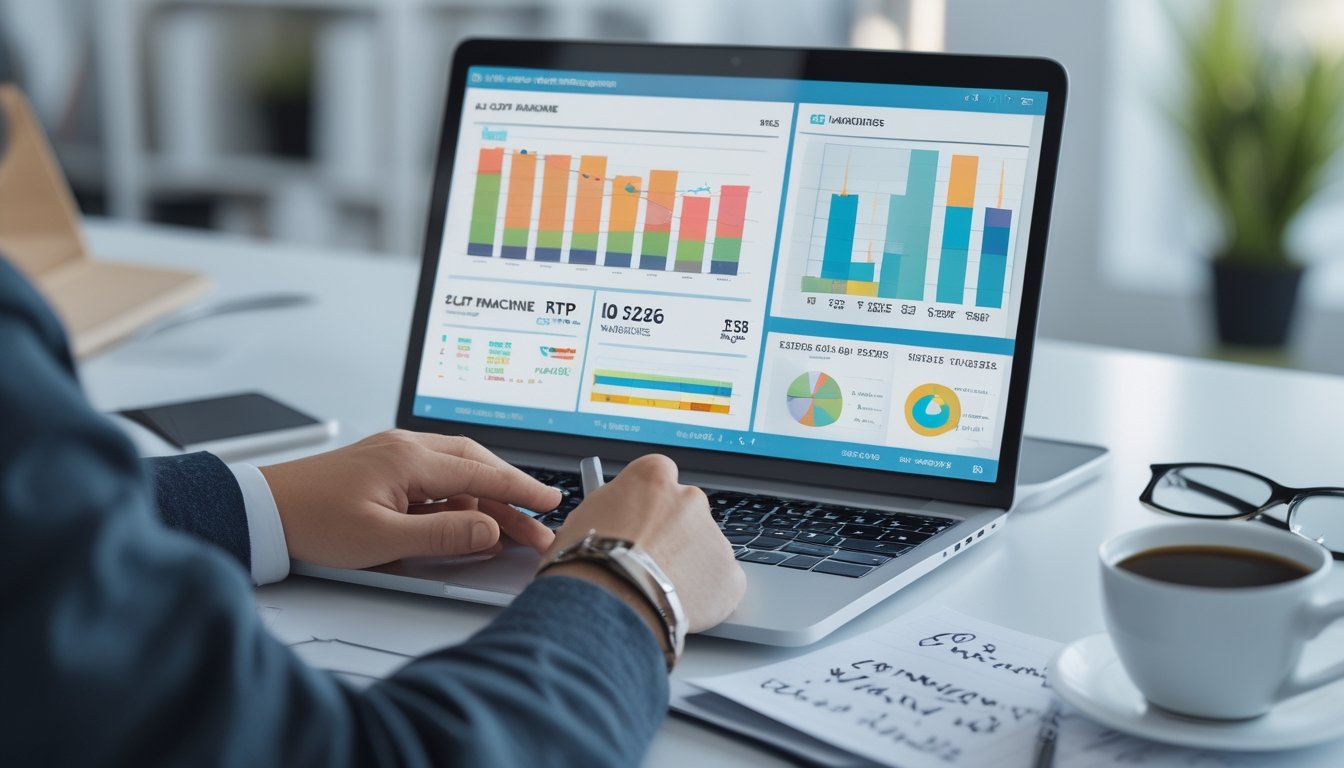 Meja kerja modern dengan laptop yang menampilkan grafik dan data probabilitas slot, sebuah buku catatan dengan perhitungan, dan alat tulis di sebuah kantor terang.