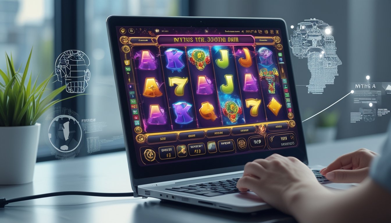 Seseorang menggunakan komputer dengan permainan slot online yang berwarna-warni di layar dalam suasana ruang kerja yang rapi.
