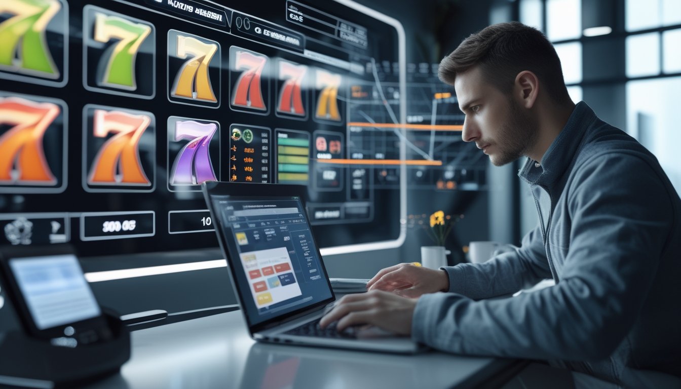 Seorang pemain sedang menganalisis data slot online dengan layar digital yang menampilkan grafik dan simbol mesin slot berwarna-warni.