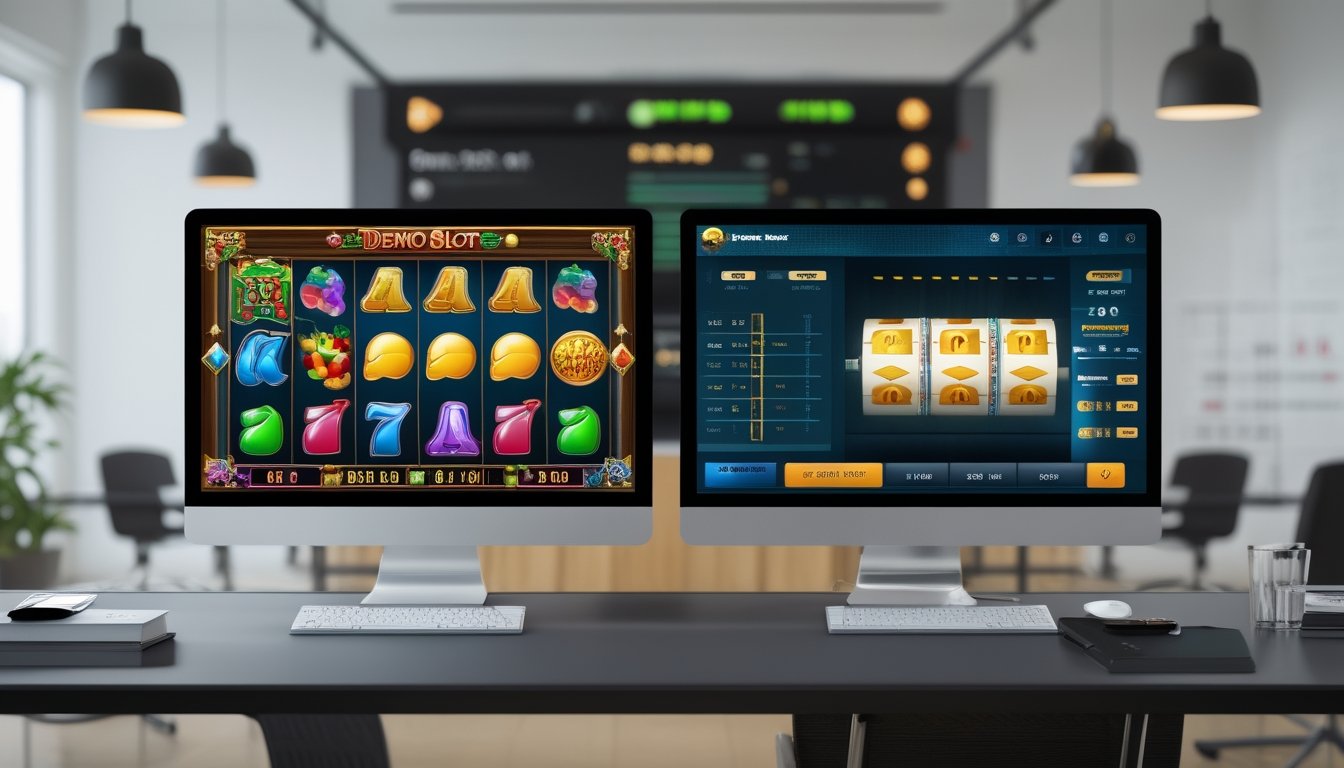 Dua layar komputer berdampingan menampilkan permainan slot demo dan slot uang asli di lingkungan kantor modern.