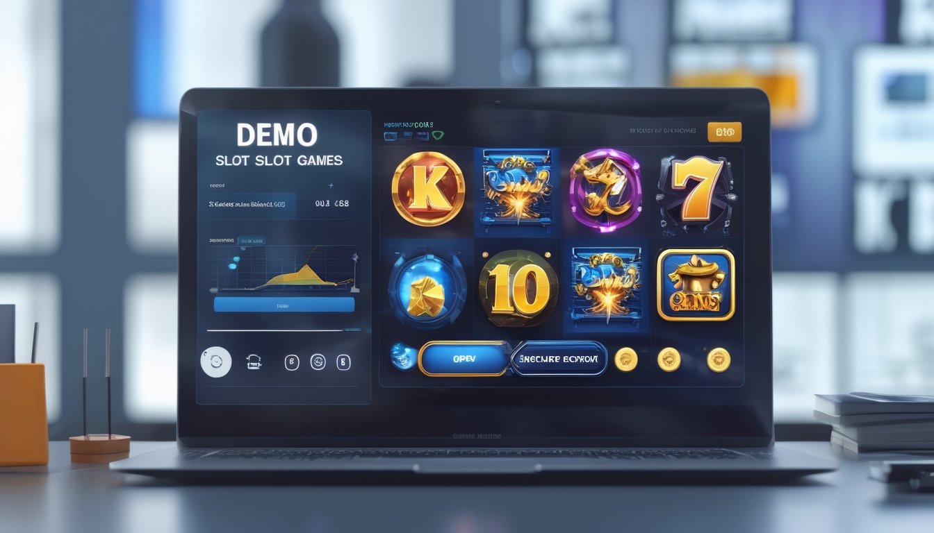 Seorang pengguna melihat layar komputer yang menampilkan dua permainan slot online berdampingan, satu sebagai demo dan satu sebagai permainan uang asli, di lingkungan kerja modern.