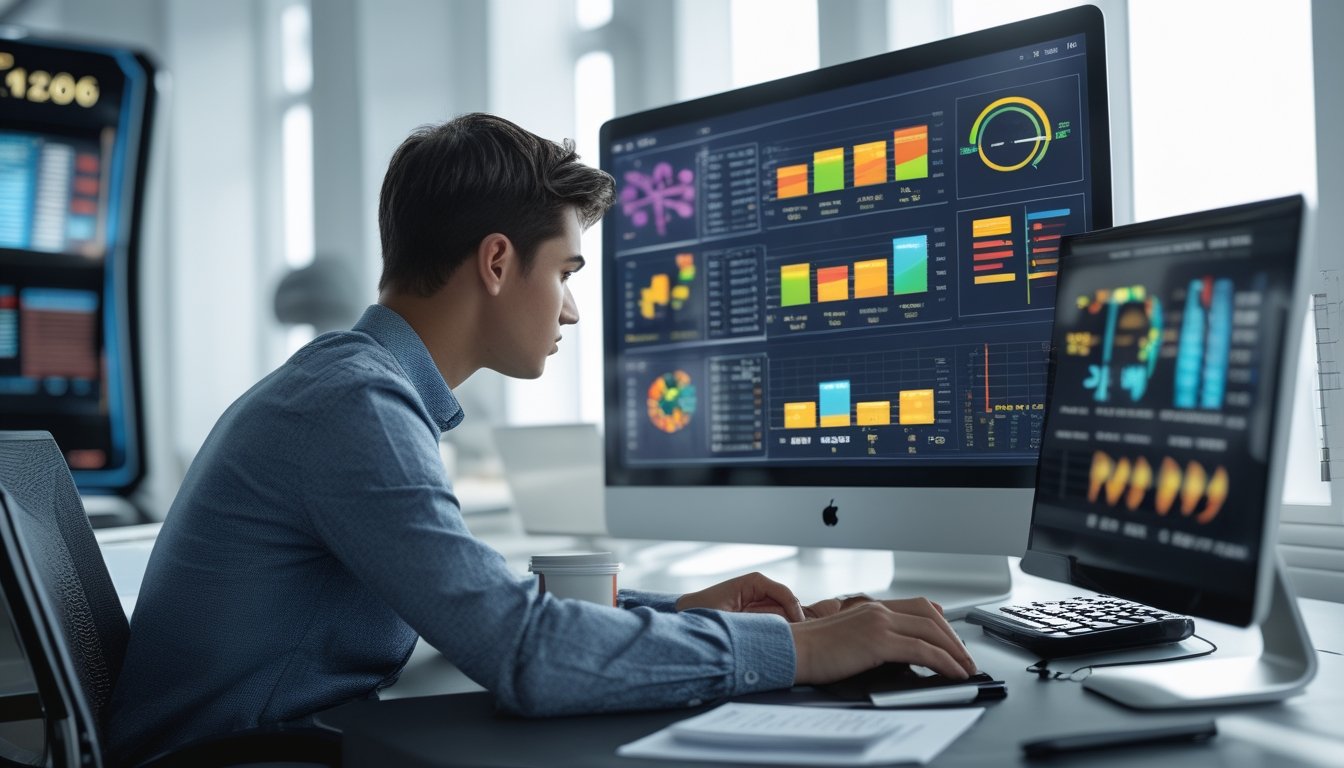 Seseorang sedang fokus menganalisis data RTP slot di komputer dengan grafik warna-warni di kantor yang rapi dan terang.