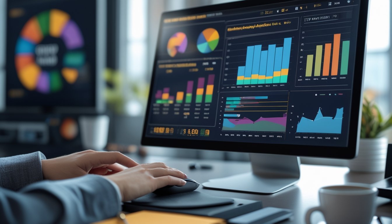 Sebuah meja kerja modern dengan komputer yang menampilkan grafik statistik permainan slot online, tangan seseorang sedang menggunakan mouse, di sekitar meja terdapat ponsel, buku catatan, dan secangkir kopi.