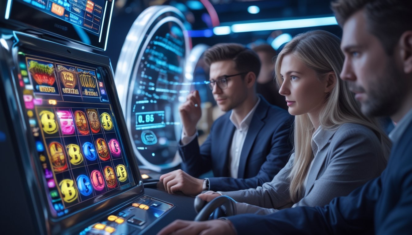 Sejumlah pemain sedang memperhatikan layar digital yang menampilkan statistik RTP pada mesin slot di kasino modern.