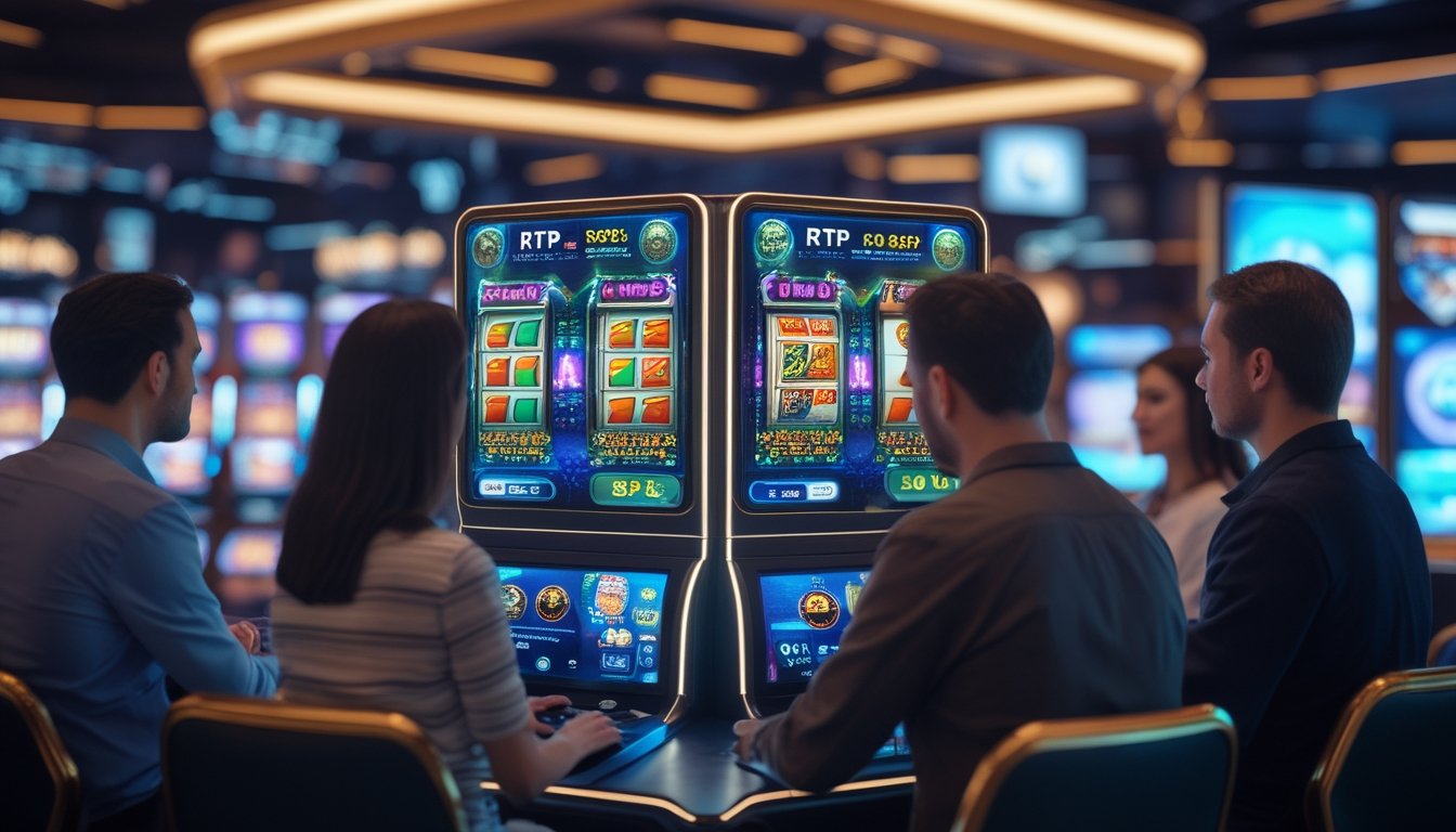 Sejumlah pemain di kasino modern sedang memperhatikan mesin slot dan layar digital yang menampilkan statistik permainan.