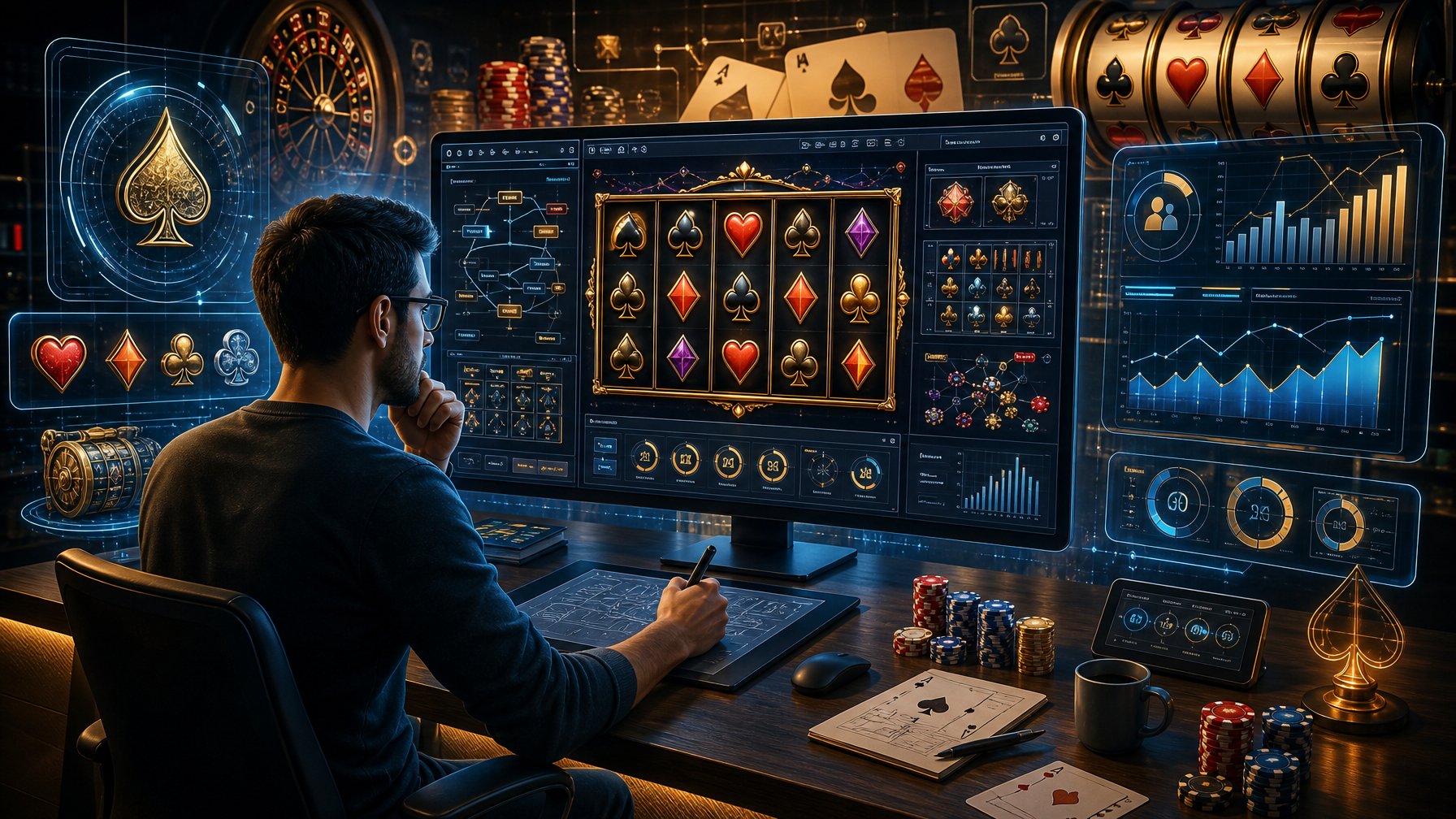A Game Designer Working At A Computer Surrounded By Holographic Casino Game Symbols And Charts In A HighTech Workspace.