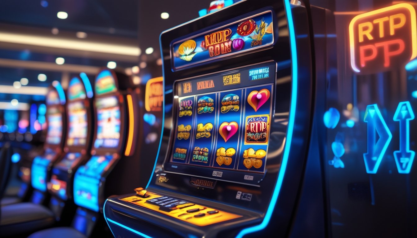 Mesin slot digital berwarna-warni di kasino modern dengan suasana cerah dan elemen chip poker serta kartu bermain di sekitarnya.