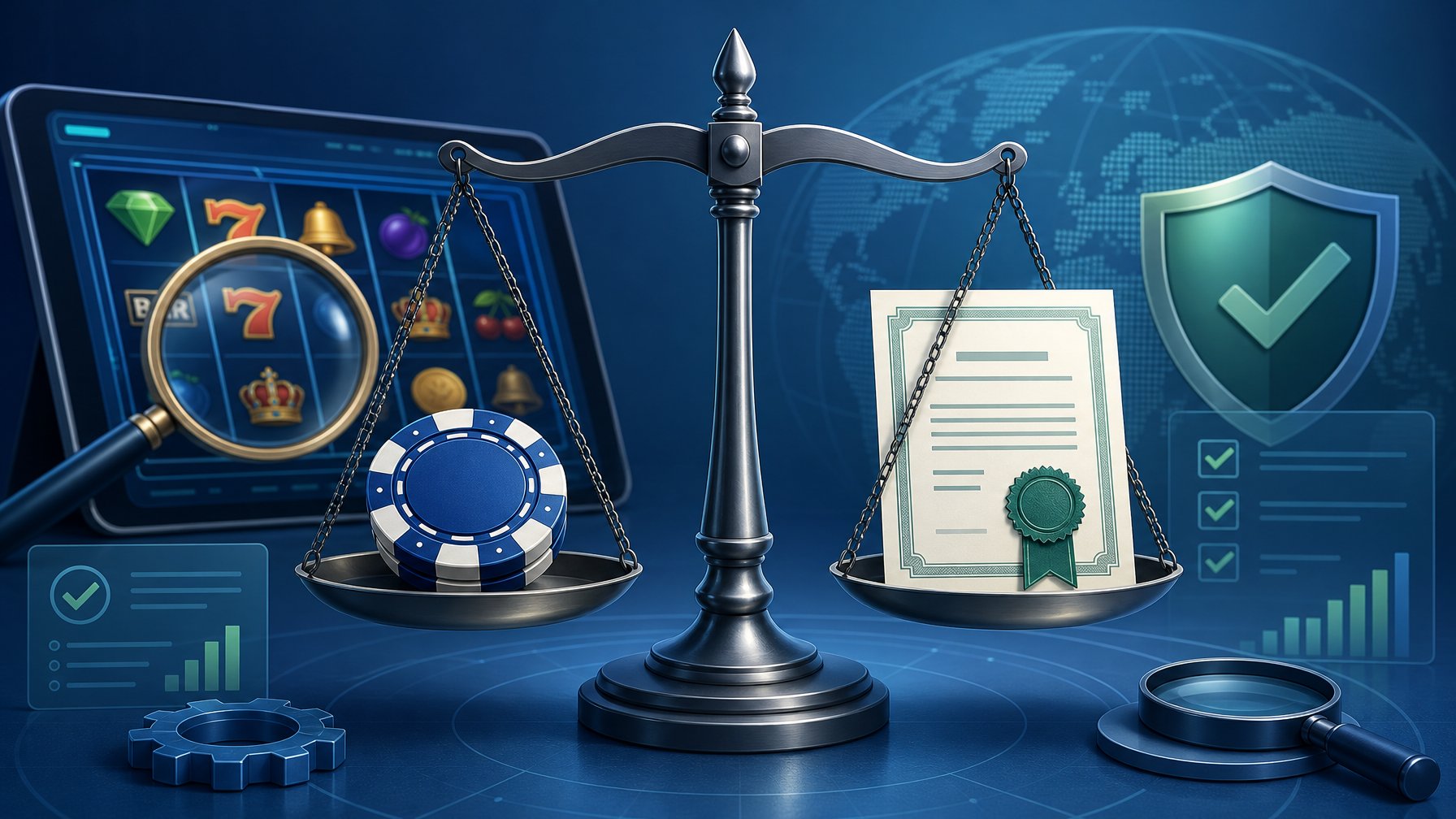 A Balanced Scale With A Casino Chip On One Side And A Certificate On The Other, With A Magnifying Glass Inspecting A Slot Machine In The Background.