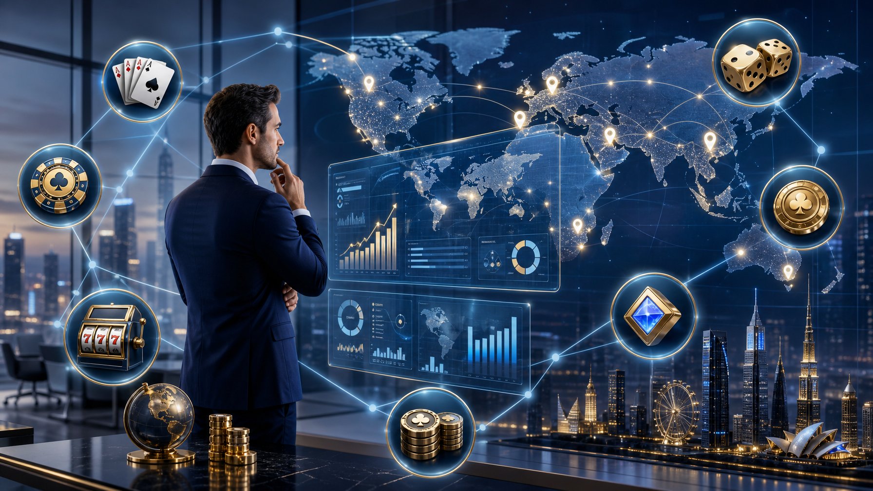 A Business Professional Reviewing Digital Charts With Casino Gaming Icons And A Global Map Showing Network Connections.
