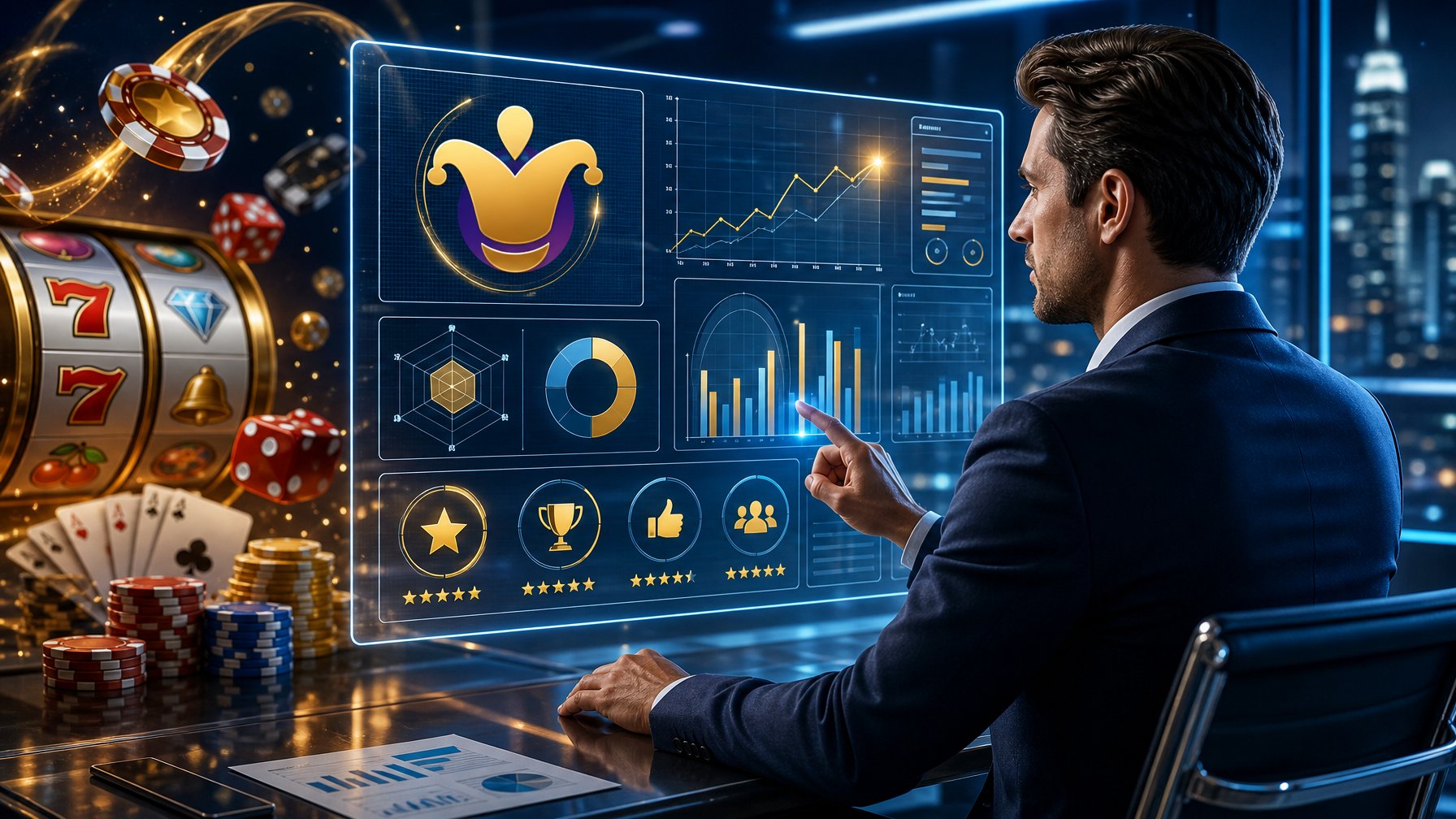 A Business Analyst Reviewing Casino Game Data On A Digital Dashboard With Slot Machine Elements And Playing Cards In A Modern Office Setting.