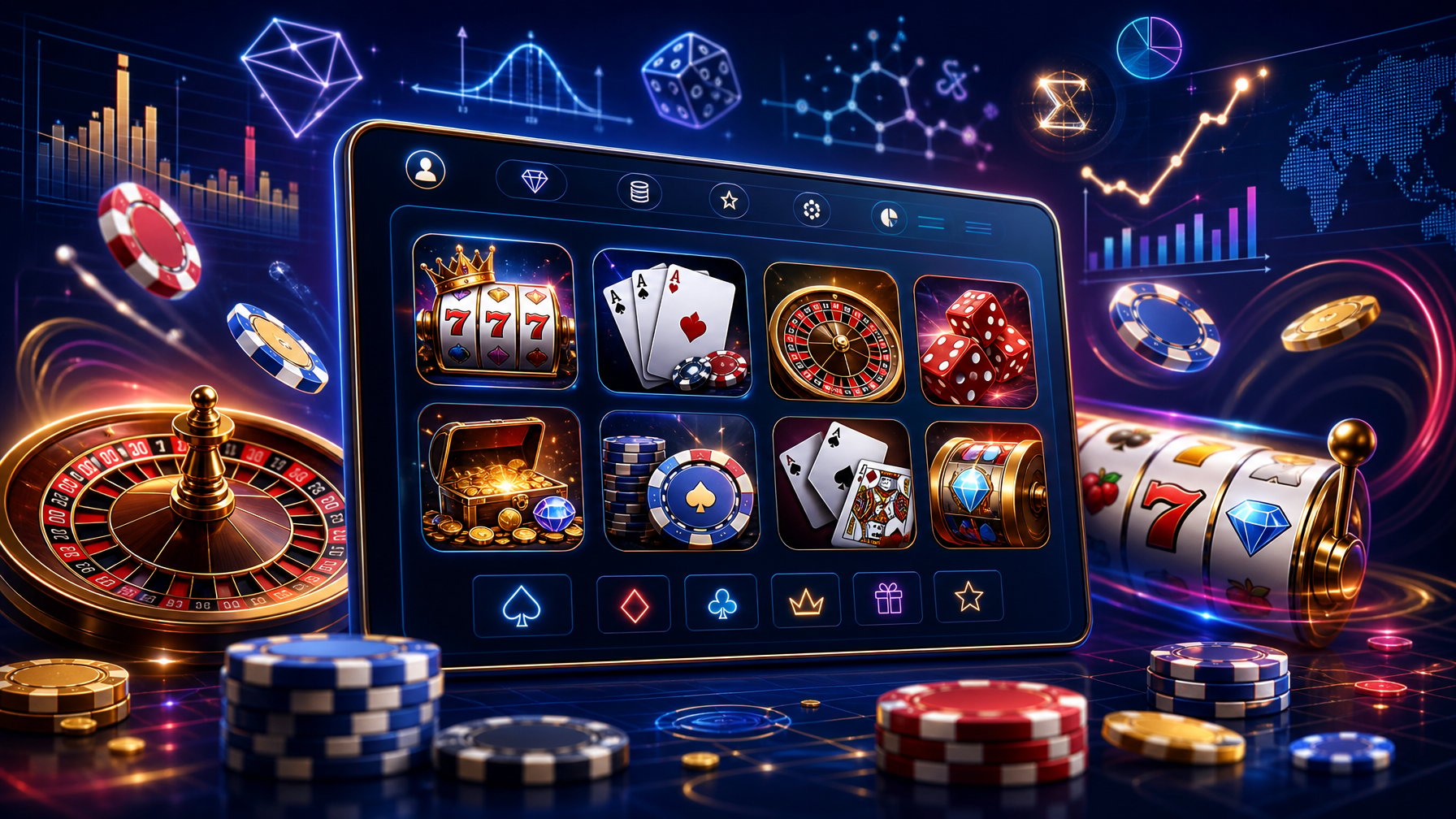 A Digital Dashboard Showing Various Casino Game Icons Like Slot Machines, Cards, And Dice, With Glowing Chips And Charts In The Background Representing Game Themes And Math Analysis.