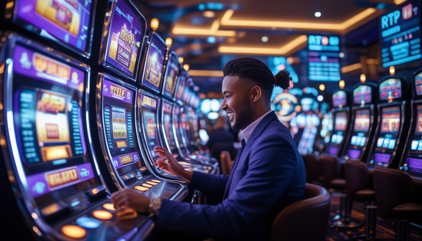 Seorang pemain sedang menggunakan mesin slot digital di dalam kasino modern dengan layar berwarna cerah dan grafik dinamis.