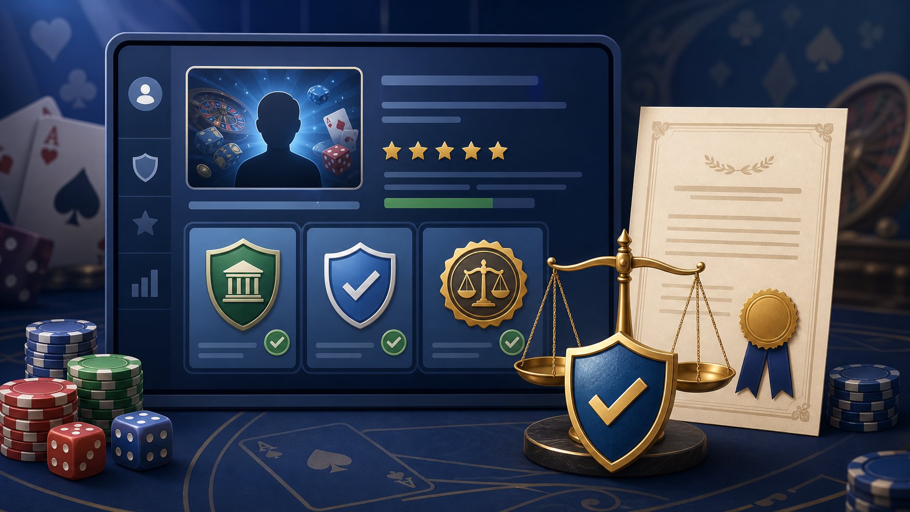 A Digital Interface Showing Certificates, A Shield With A Checkmark, And Balanced Scales Surrounded By Casino Elements Like Cards And Chips, Symbolizing Licensing, Certification, And Fairness In Casino Gaming.