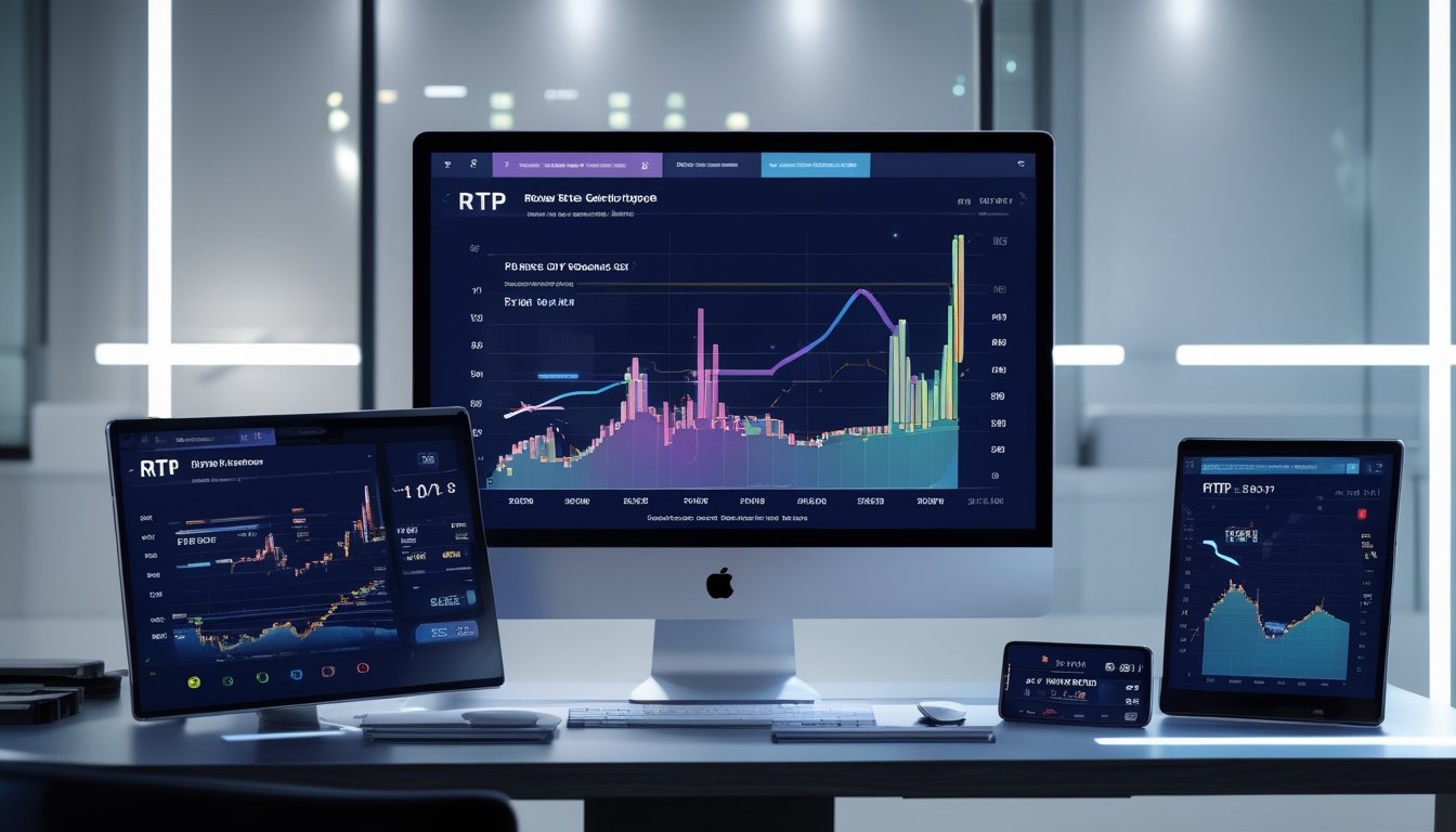 Sebuah ruang kerja modern dengan komputer dan perangkat digital menampilkan data statistik permainan slot secara real-time.