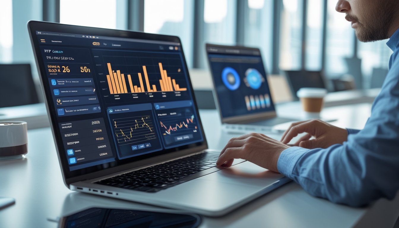 Seseorang sedang bekerja di depan laptop dengan data dan grafik, di ruang kantor yang rapi dan terang.