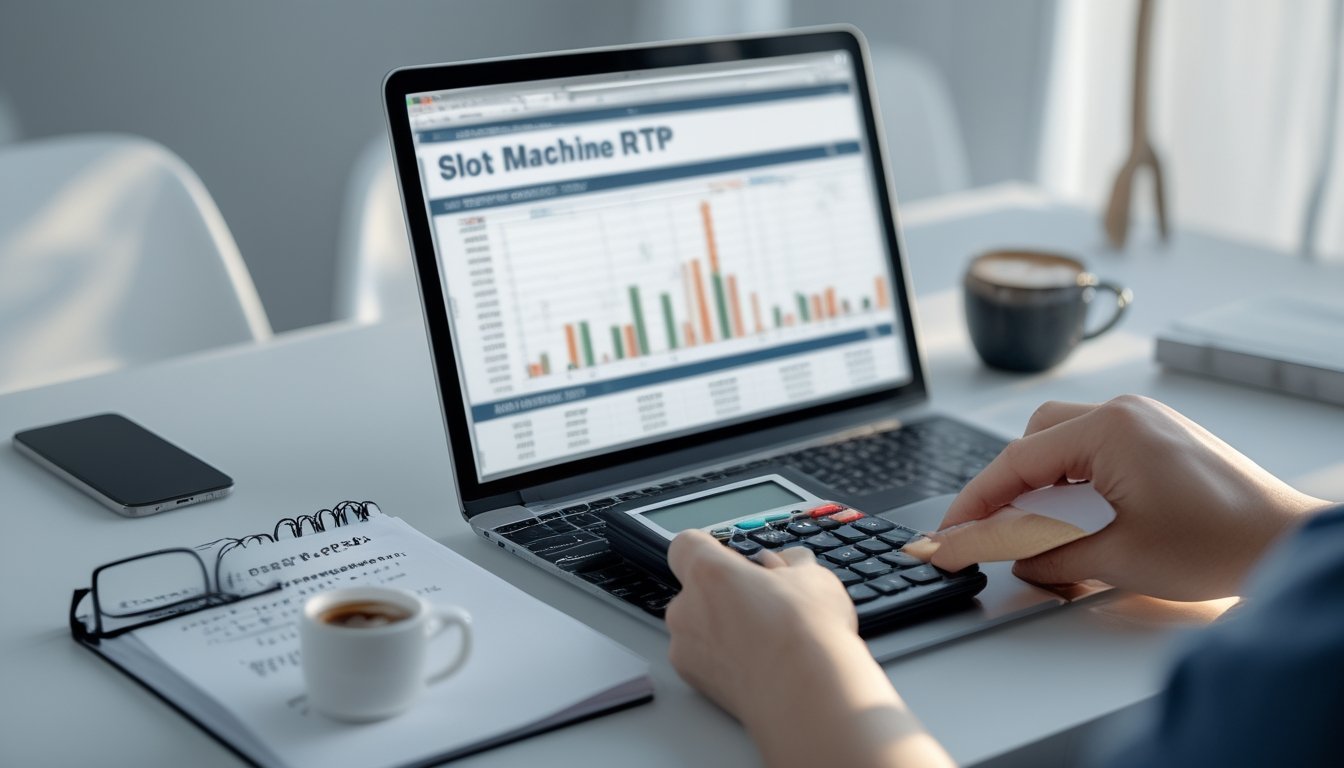 Seseorang sedang menghitung RTP slot secara mandiri di ruang kerja dengan laptop, kalkulator, dan catatan.