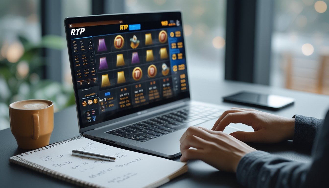 Meja kerja dengan laptop yang menampilkan grafik dan simbol mesin slot, tangan seseorang sedang menghitung dengan kalkulator dan mencatat di buku catatan.