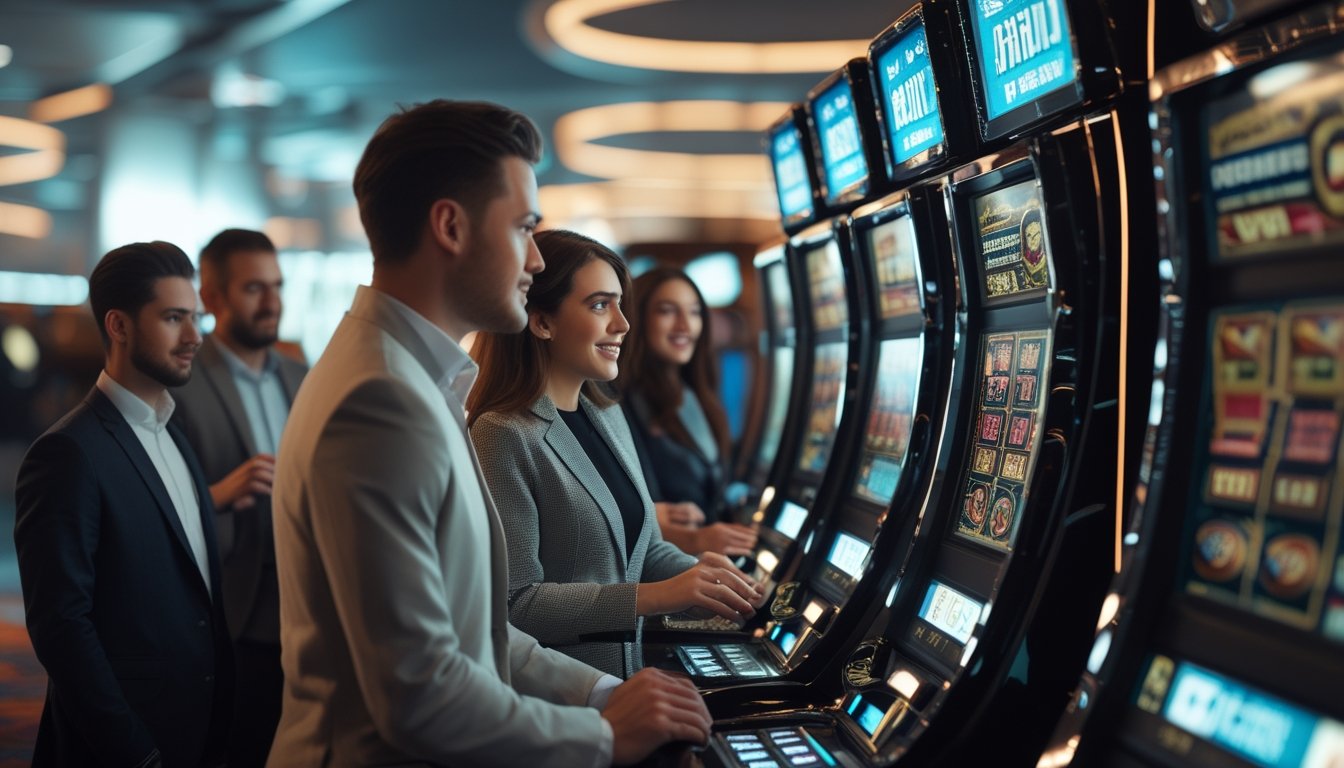 Suasana kasino modern dengan mesin slot canggih dan orang-orang yang antusias bermain.