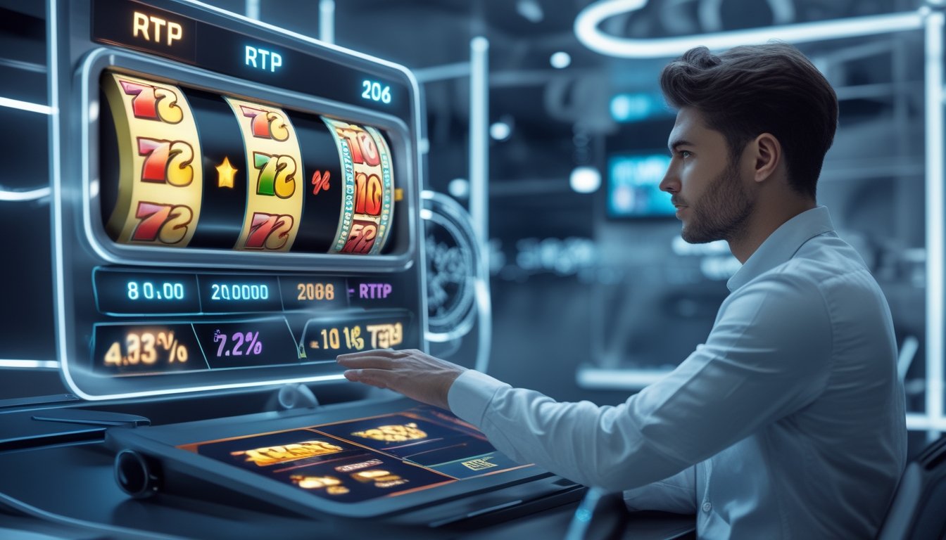 Seorang pemain atau analis berinteraksi dengan layar sentuh futuristik yang menampilkan grafik dan simbol mesin slot dalam suasana kantor modern.