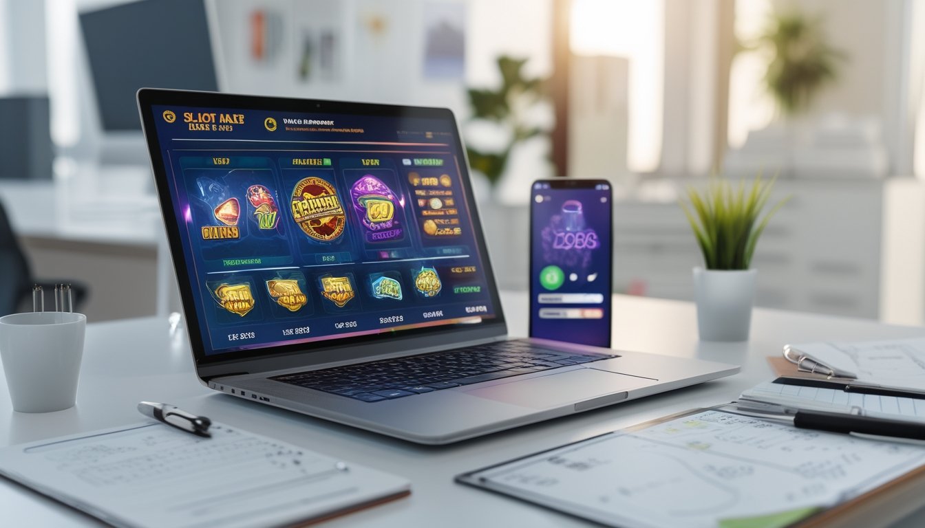Meja kerja dengan laptop yang menampilkan grafik dan data permainan slot, dikelilingi oleh catatan dan ponsel, di ruang kantor yang terang.