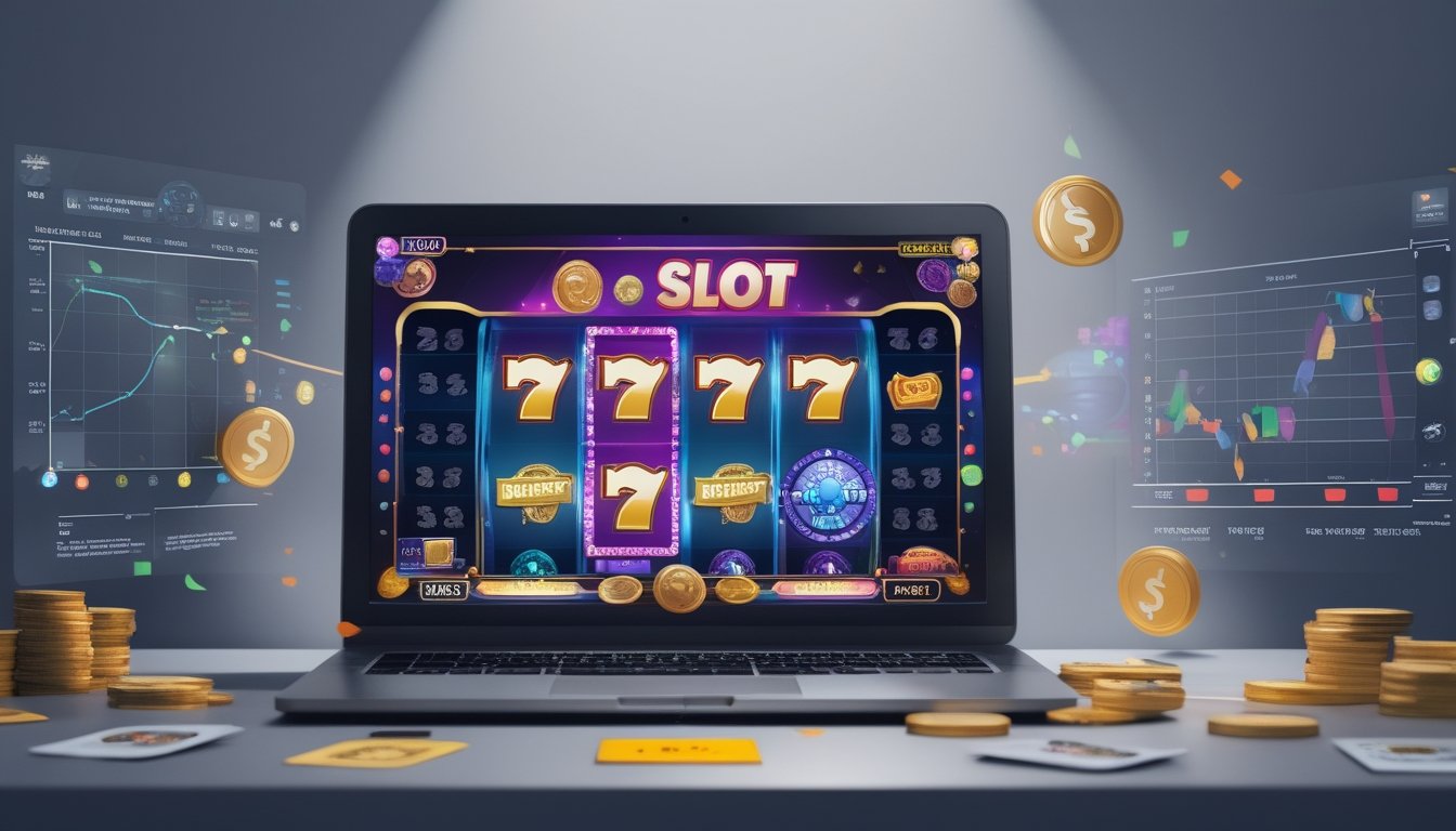 Sebuah layar komputer menampilkan permainan slot online dengan grafik warna-warni dan elemen grafik strategi di sekitarnya.
