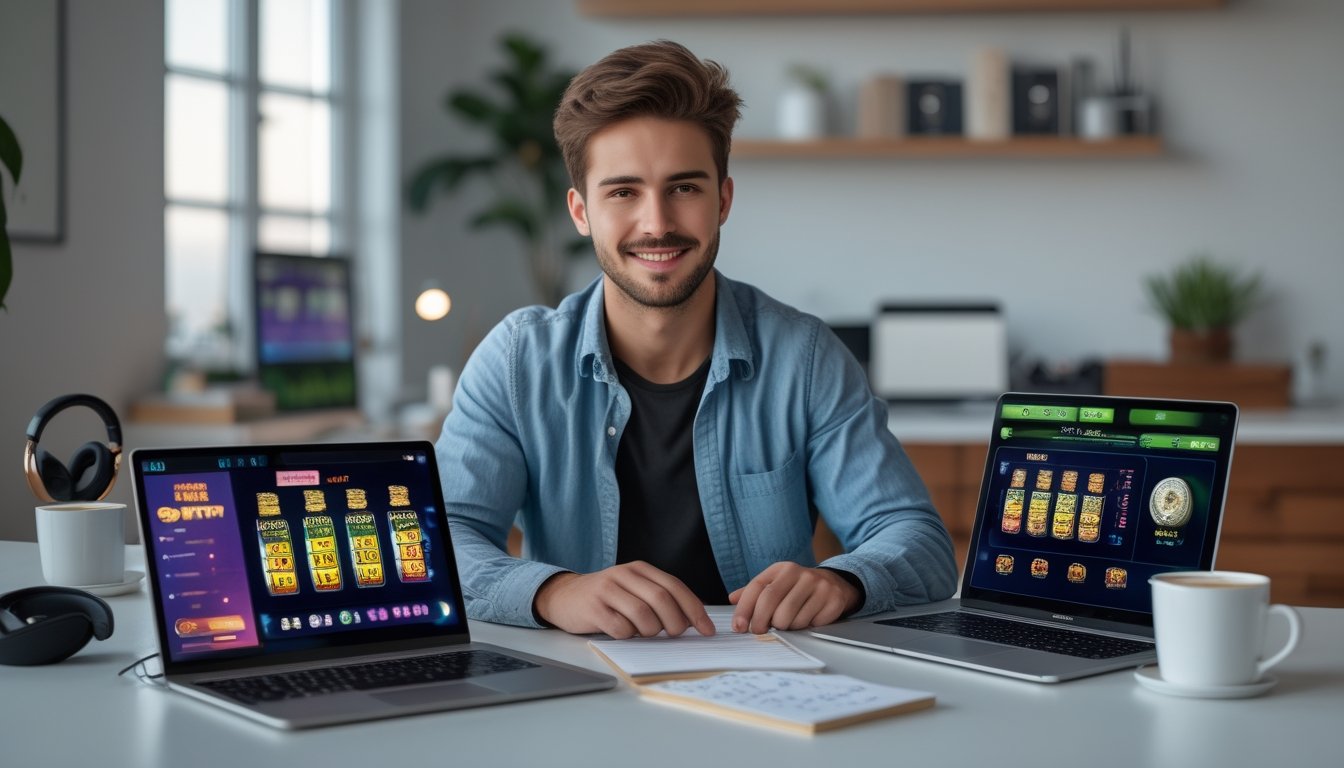 Seorang dewasa muda sedang belajar tentang permainan slot di meja kerja dengan laptop dan tablet yang menampilkan grafik mesin slot dan statistik RTP.