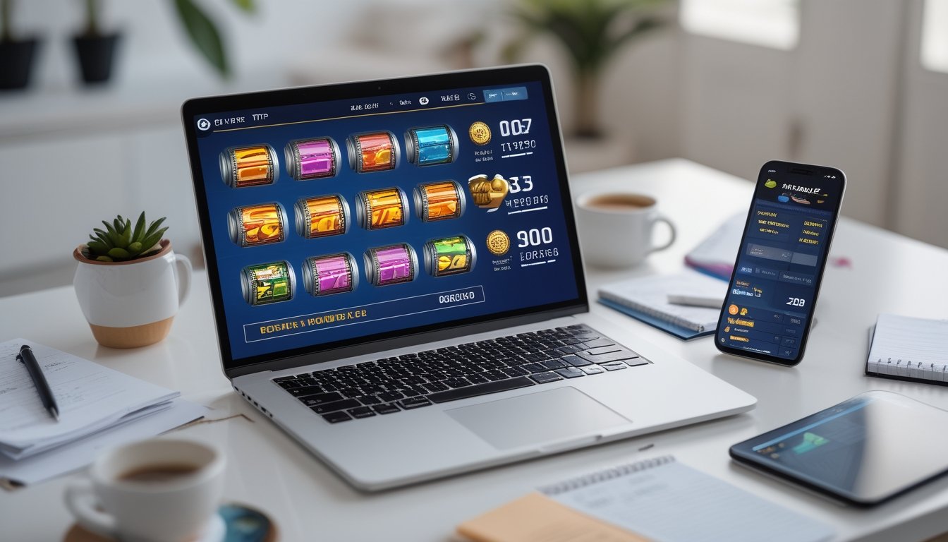 Seorang pengguna duduk di depan laptop yang menampilkan grafik slot dan persentase RTP, dengan catatan dan ponsel di meja kerja yang rapi.