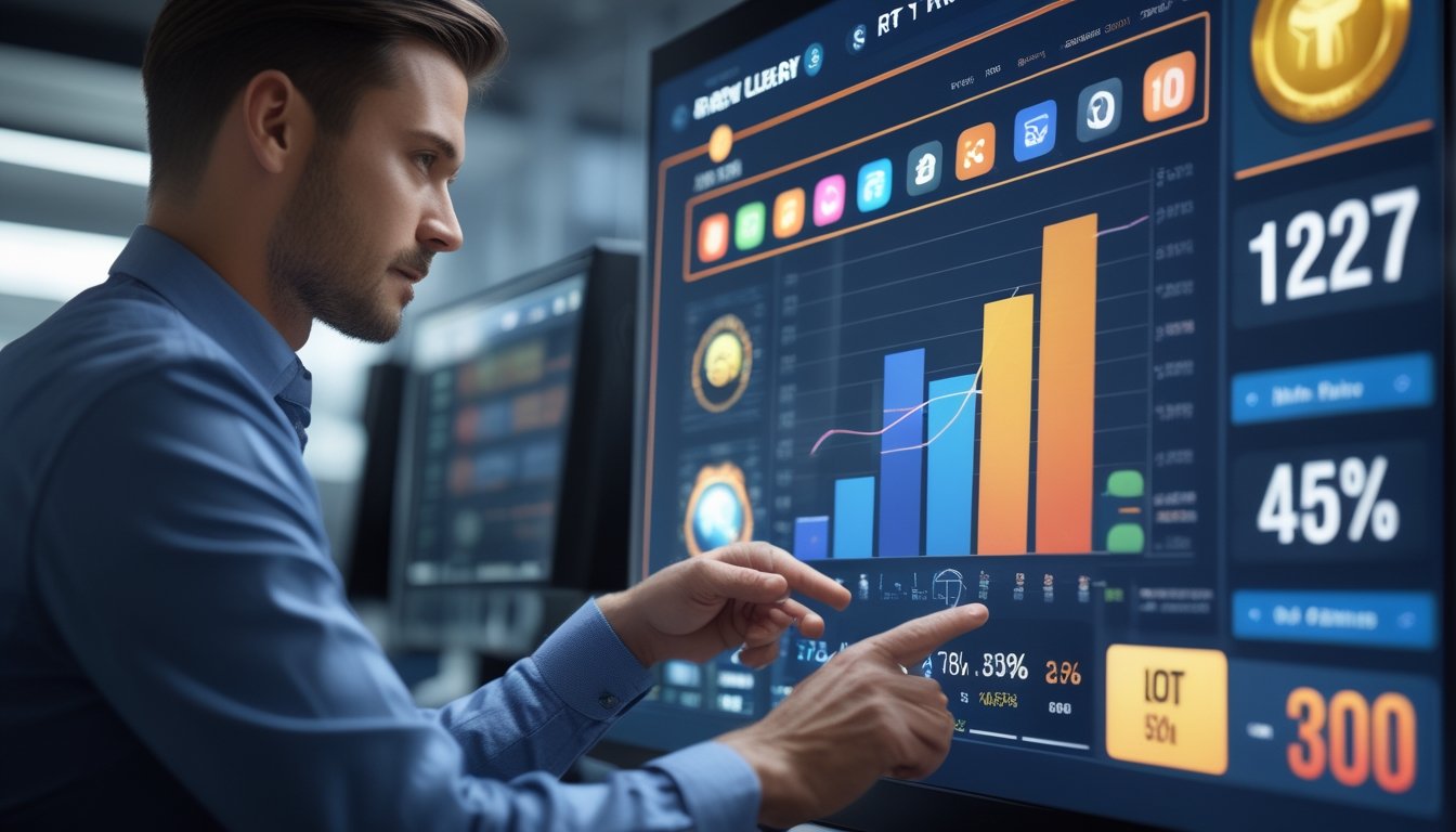 Seorang profesional sedang menganalisis data grafik dan statistik pada layar komputer di kantor modern.