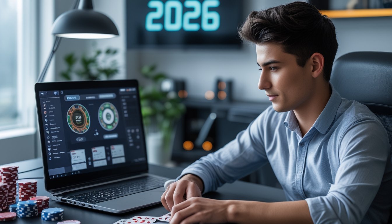 Seseorang duduk di depan laptop dengan kartu poker dan chip di meja, fokus bermain poker online di ruang kerja modern.