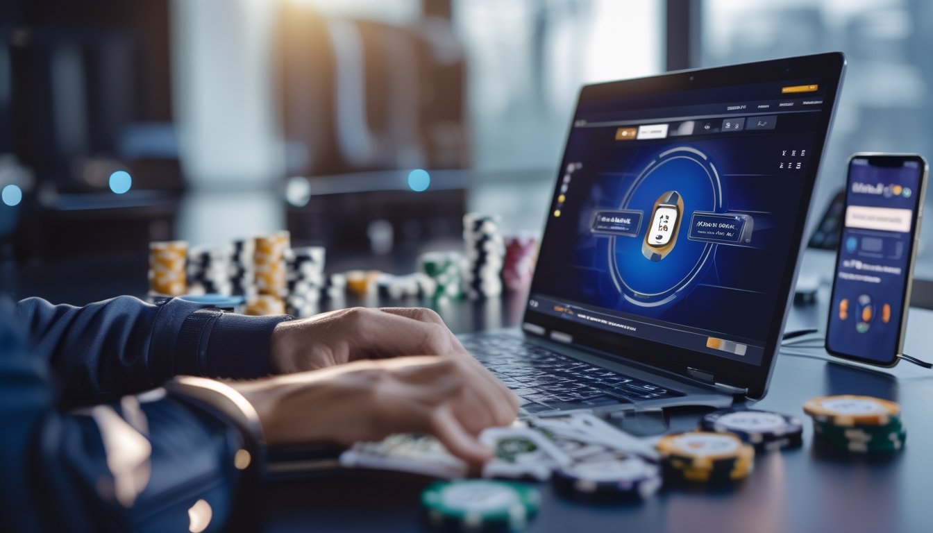 Seorang pemain poker online sedang bermain di laptop dengan chip dan kartu poker di meja.