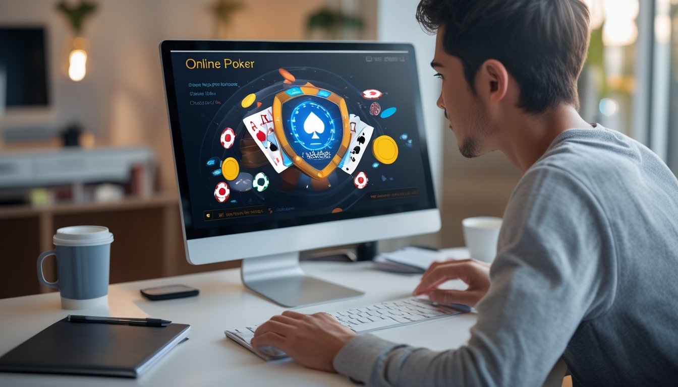 Seseorang duduk di depan komputer dengan layar menampilkan permainan poker online, di meja terdapat chip poker dan kartu bermain.