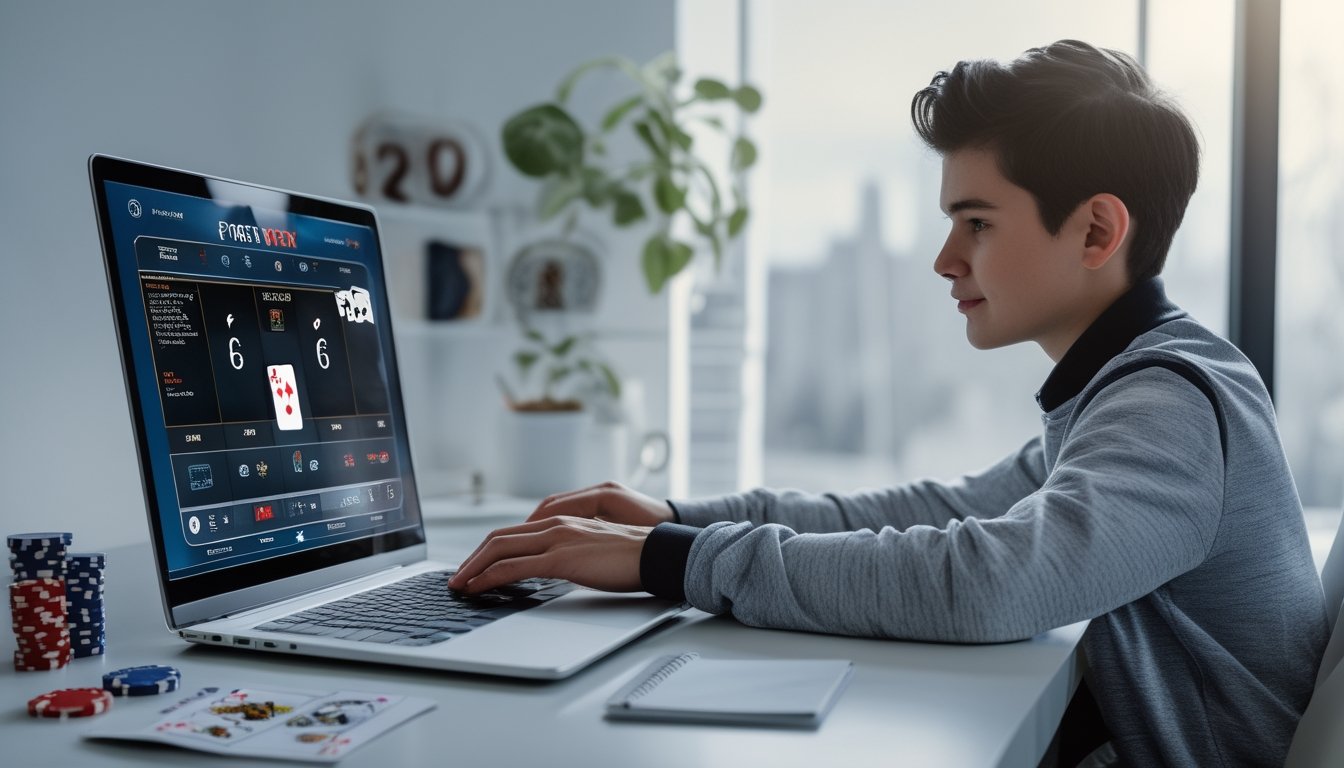 Seseorang duduk di depan laptop yang menampilkan permainan poker online, dengan chip dan kartu poker di meja, di sebuah ruang kerja yang terang dan rapi.