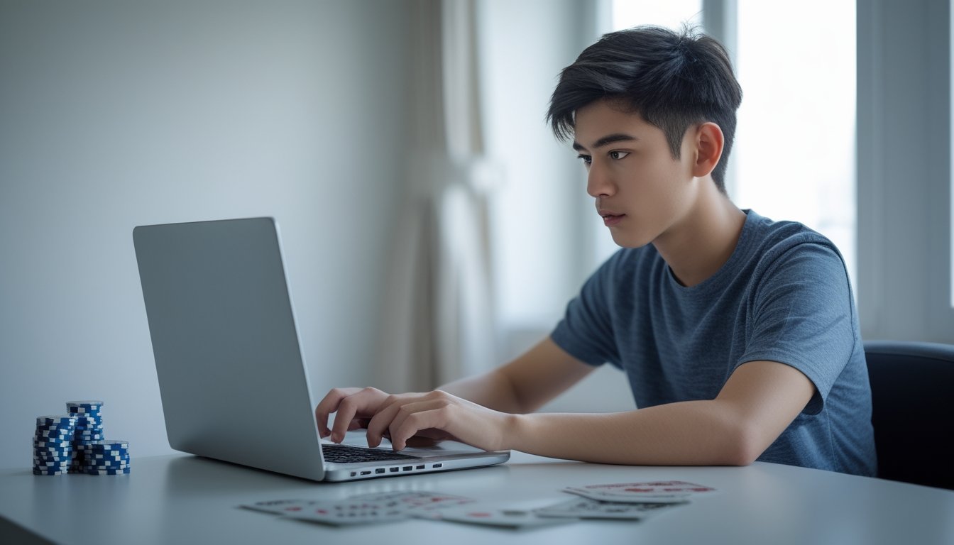 Seorang dewasa muda yang fokus bermain poker online di depan laptop di ruangan yang terang dan rapi.