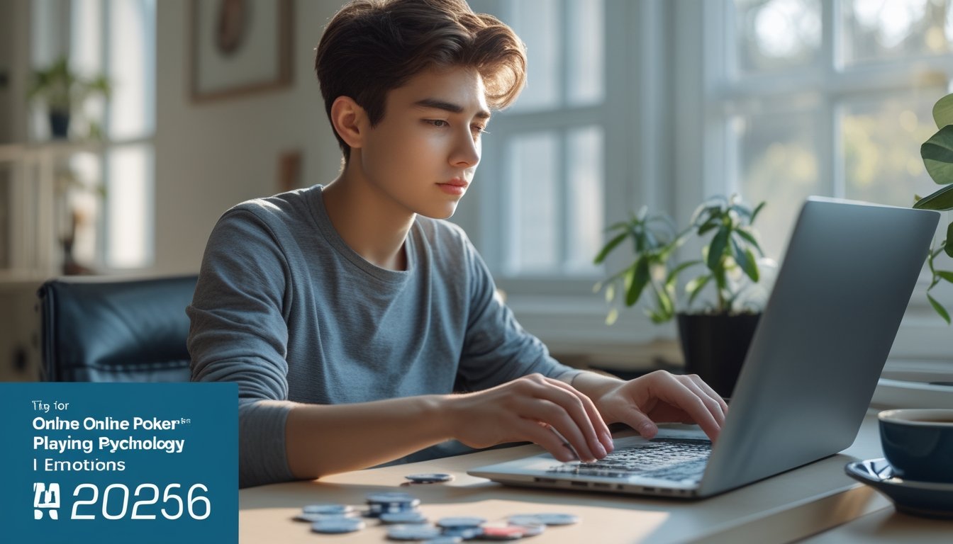 Seorang dewasa muda fokus bermain poker online di laptop di ruang kerja yang nyaman dengan cahaya alami dan suasana tenang.