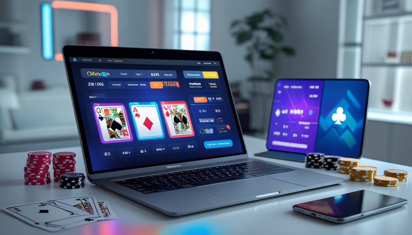 Sebuah meja dengan laptop yang menampilkan permainan poker online, kartu remi dan chip poker di sekitarnya, di dalam ruangan modern.