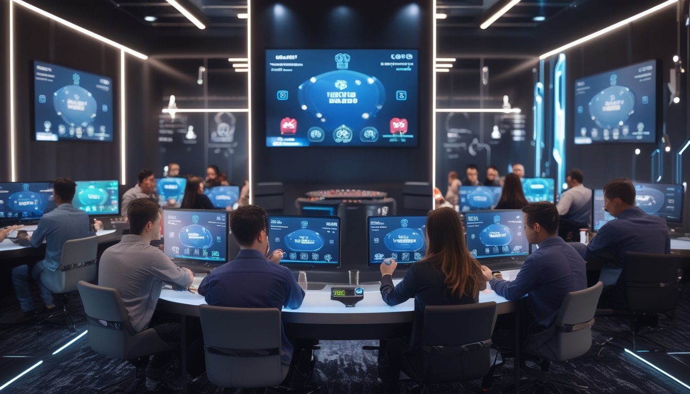 Beberapa orang sedang bermain permainan poker online dengan layar komputer dan tablet di ruangan modern yang terang.
