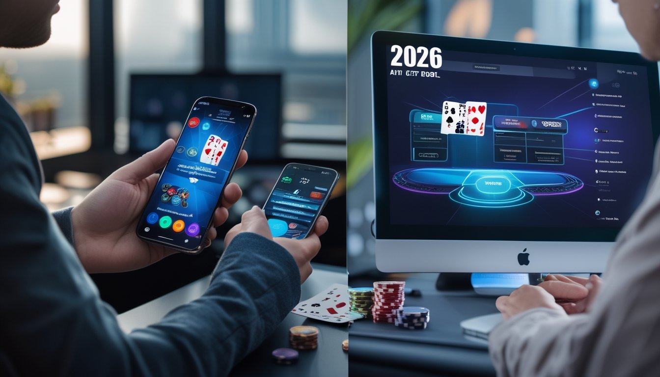 Dua orang bermain poker online, satu menggunakan aplikasi di ponsel dan satu lagi menggunakan browser di laptop, dengan suasana modern dan peralatan poker di meja.