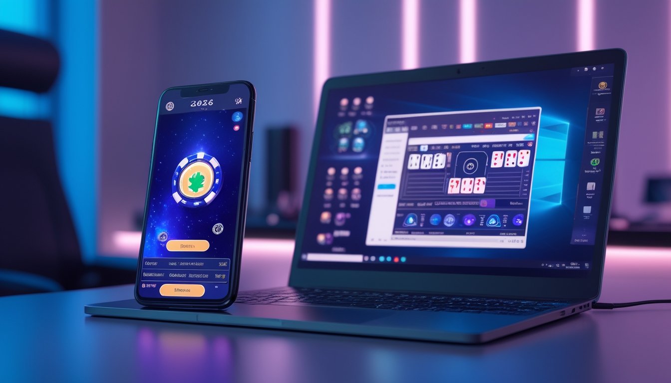 Dua perangkat digital di atas meja, smartphone menampilkan aplikasi poker dan laptop menampilkan permainan poker di browser, di ruang kerja modern.