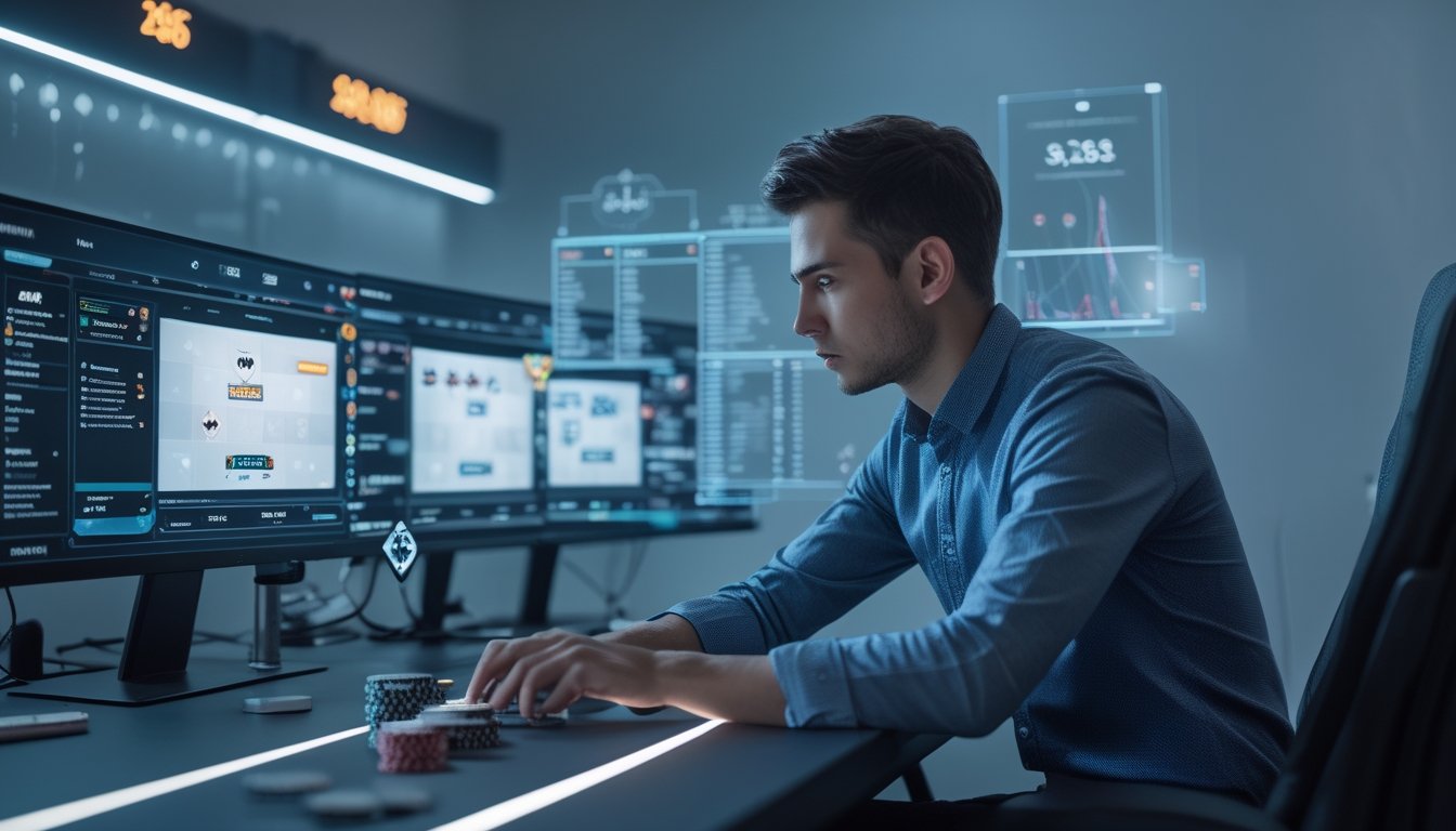 Seorang pemain muda duduk di depan komputer dengan layar menampilkan permainan poker online dan grafik analisis, di sebuah ruangan modern dengan pencahayaan LED.