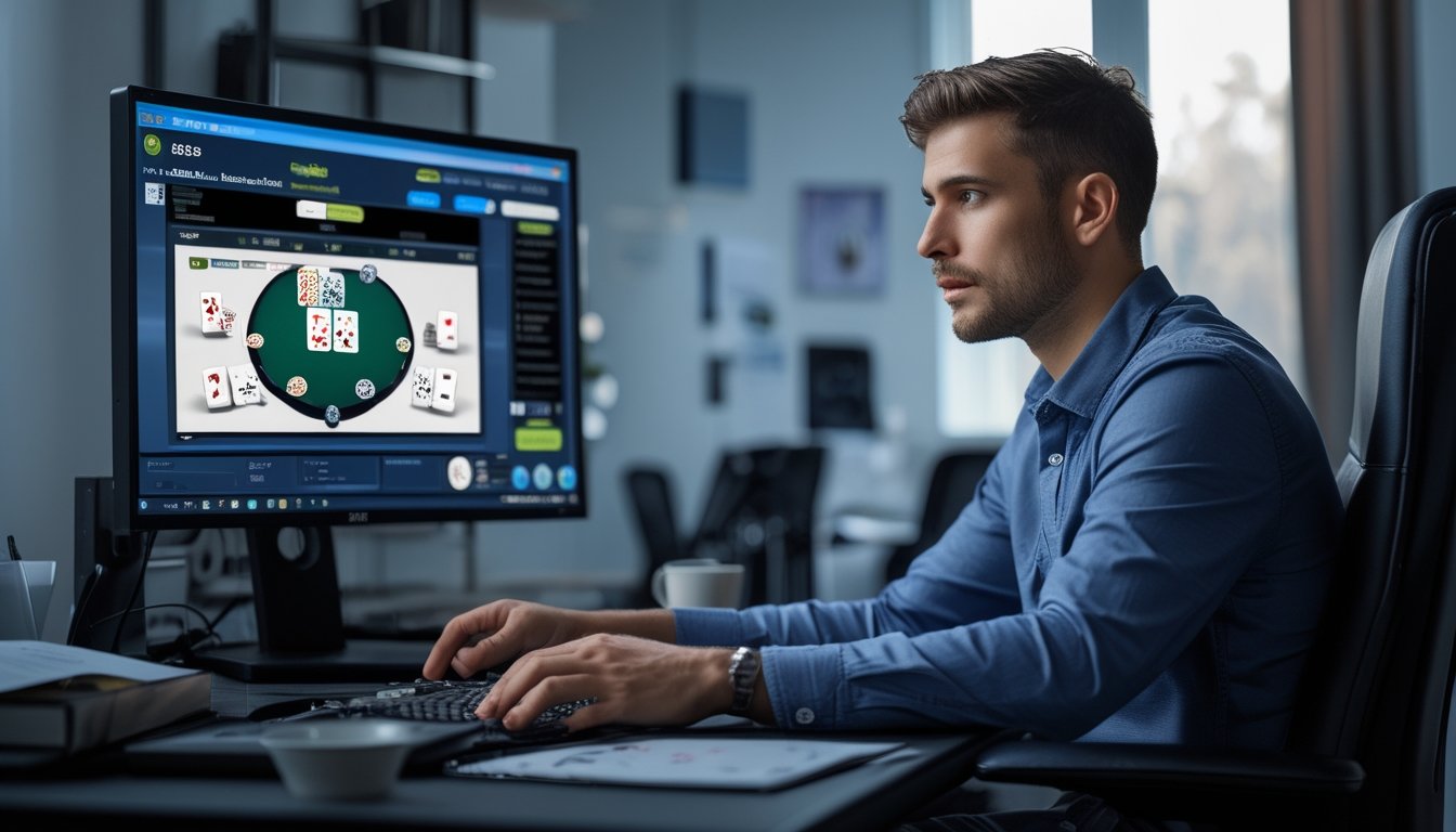 Seorang pria duduk di depan komputer yang menampilkan meja poker online, tampak fokus menganalisis permainan dengan latar belakang buku psikologi dan catatan di meja.
