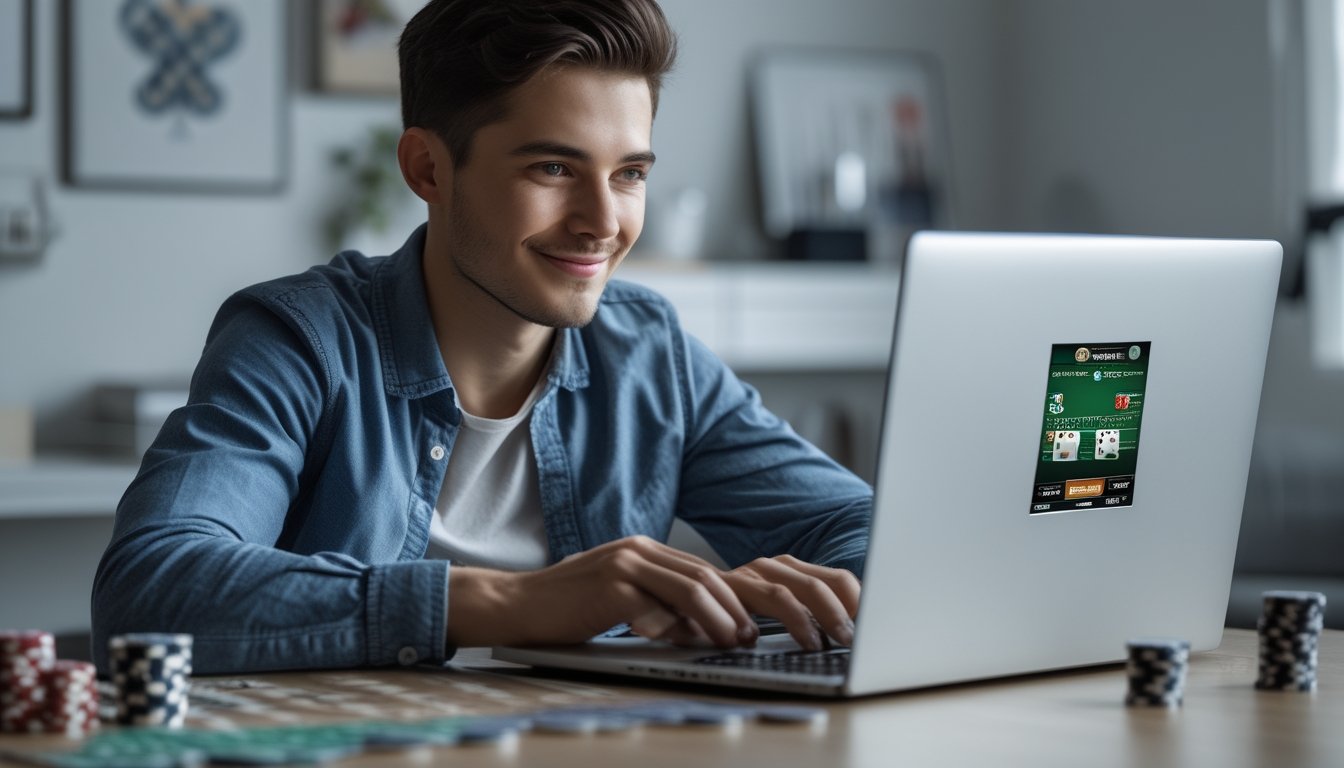Seorang pria muda duduk di depan laptop bermain poker online dengan ekspresi percaya diri dan fokus.