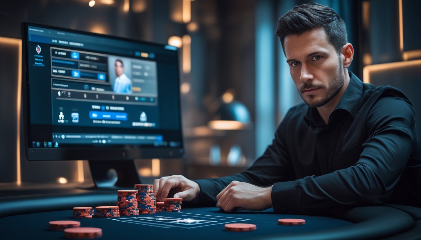 Seorang pemain poker fokus duduk di meja poker dengan kartu dan chip, menghadap layar komputer yang menampilkan permainan poker online.