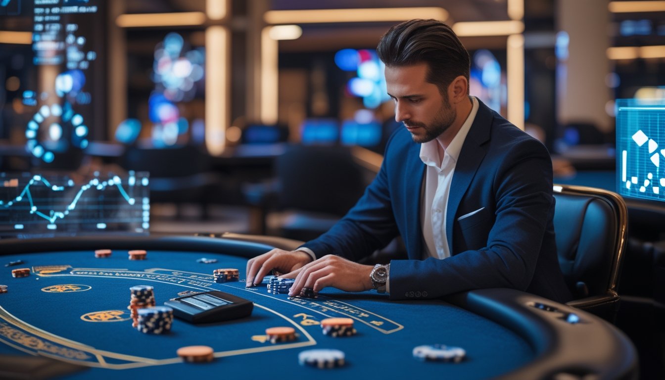 Seorang pemain poker sedang mengatur chip dan mencatat dengan kalkulator di meja poker dalam suasana kasino modern.