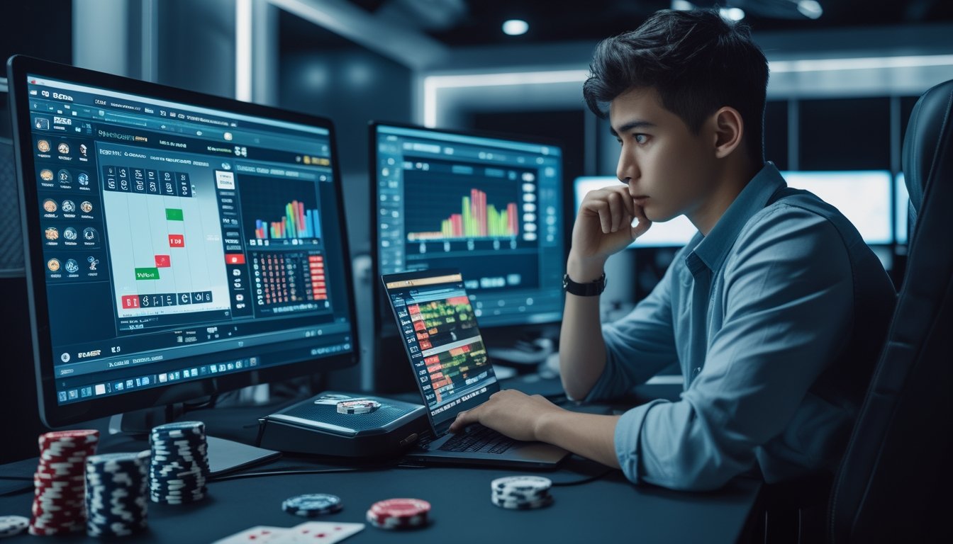 Seorang dewasa muda fokus duduk di meja dengan perangkat digital menampilkan permainan poker dan grafik keuangan, di ruang kerja modern yang terang.