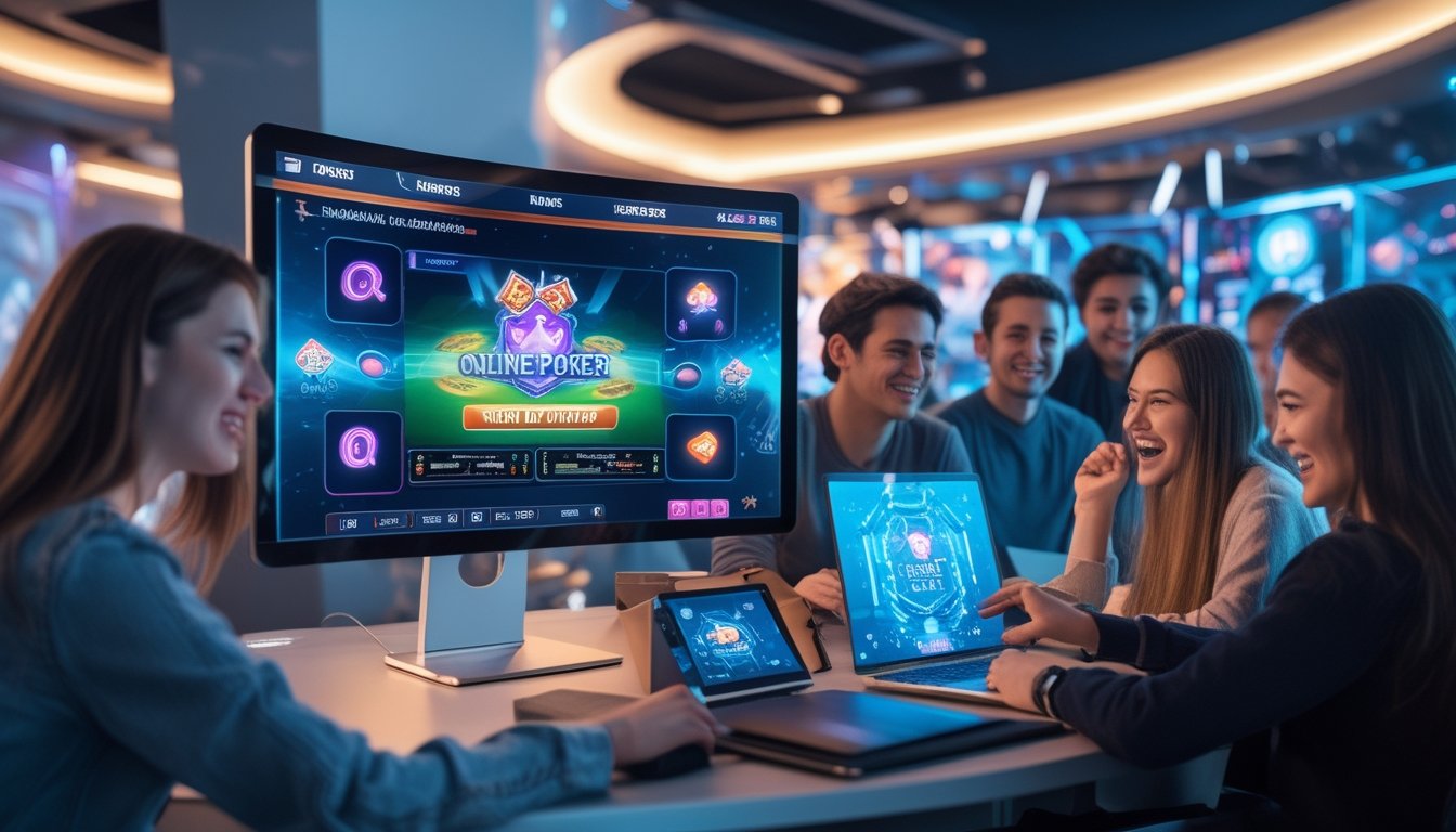 Beberapa orang muda bermain poker online di depan layar komputer dengan suasana ruangan modern dan pencahayaan futuristik.
